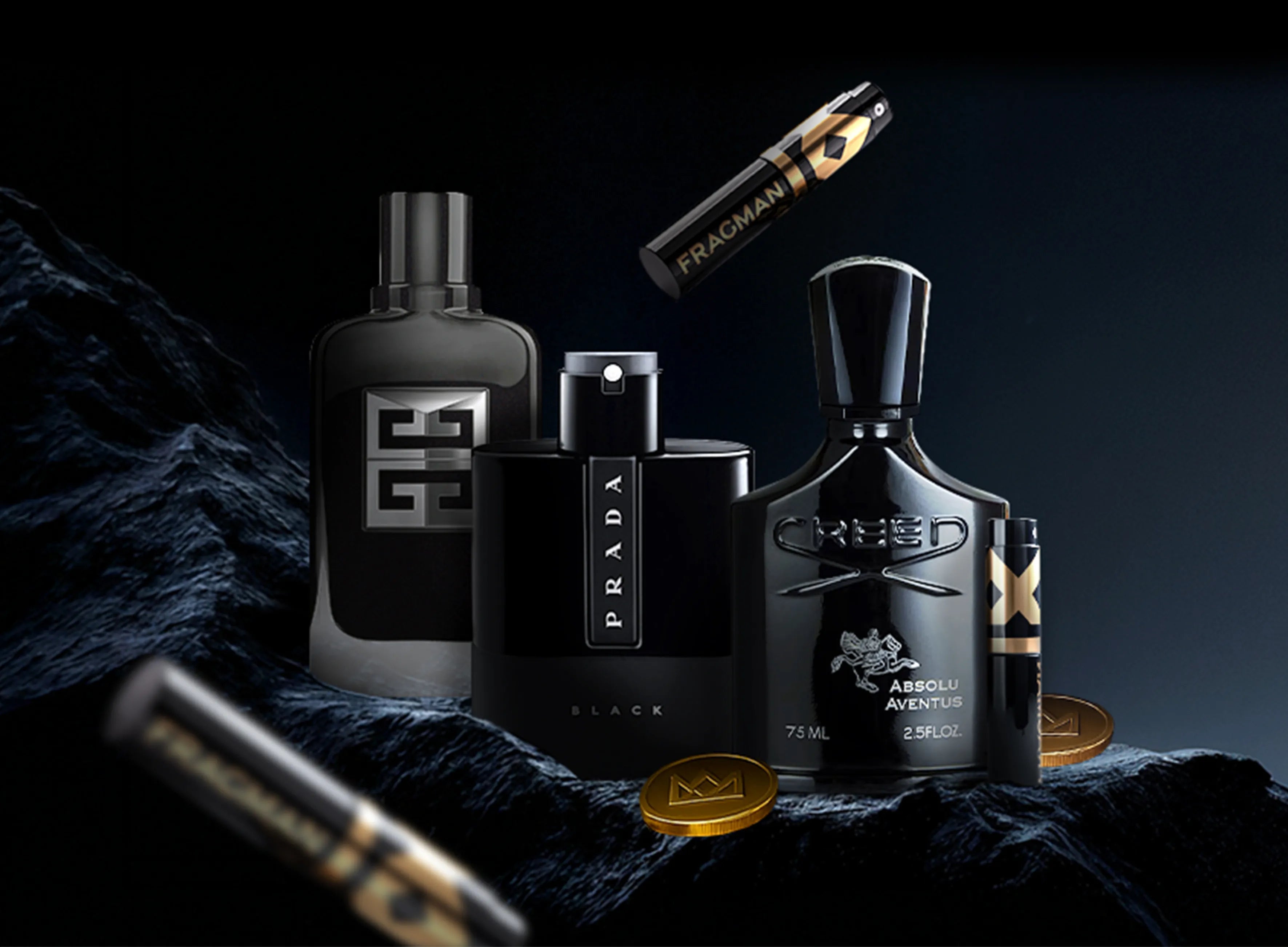 Background image featuring luxury fragrance bottles.