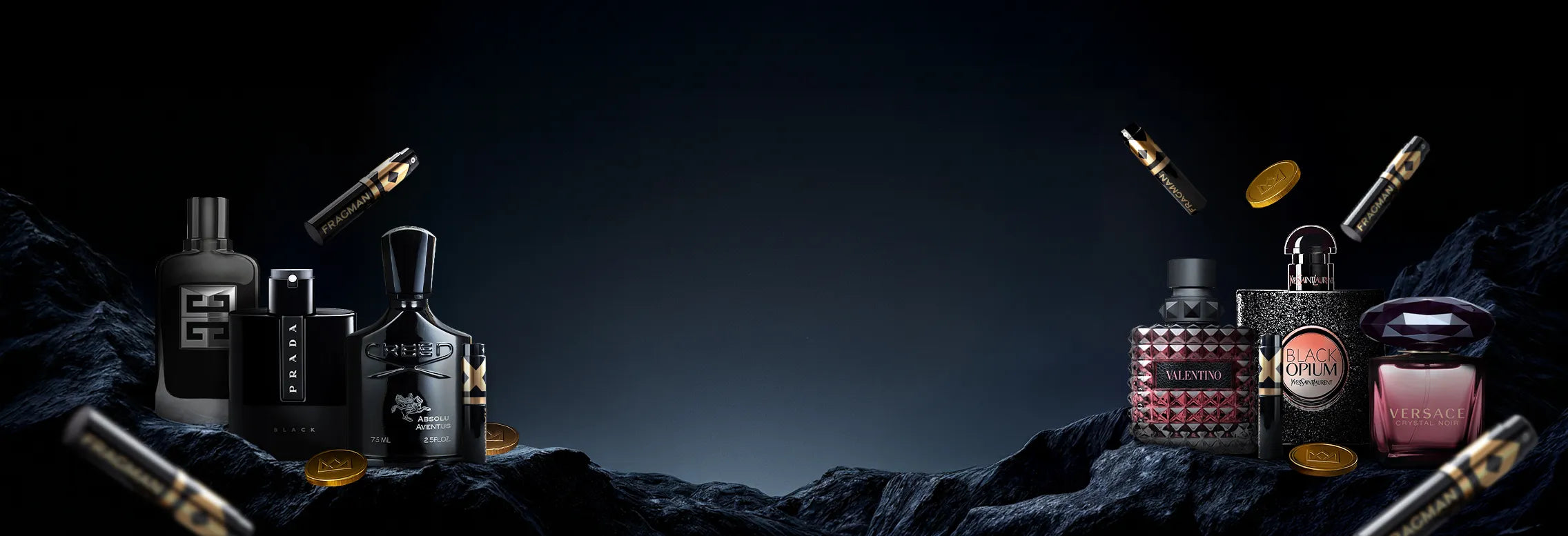 Background image featuring luxury fragrance bottles.