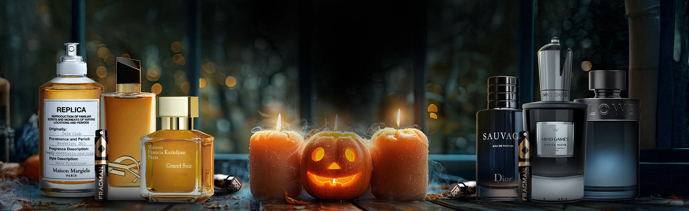 Background image featuring luxury fragrance bottles.