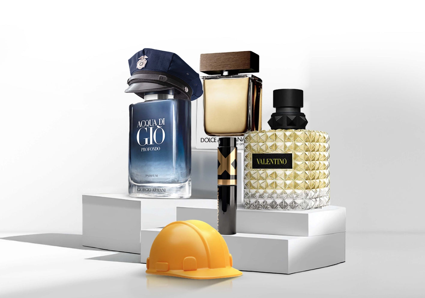 Background image featuring luxury fragrance bottles.