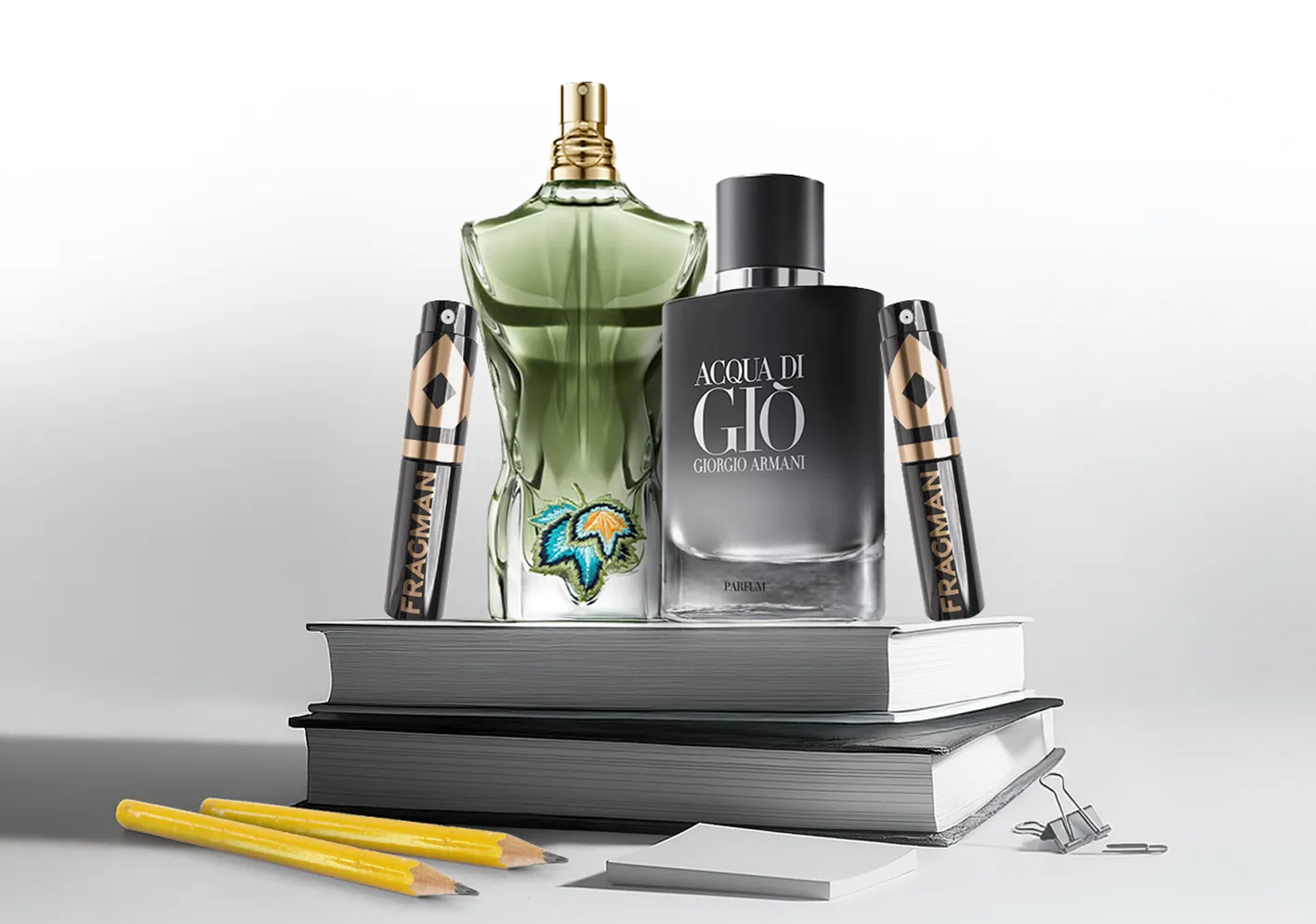 Background image featuring luxury fragrance bottles.