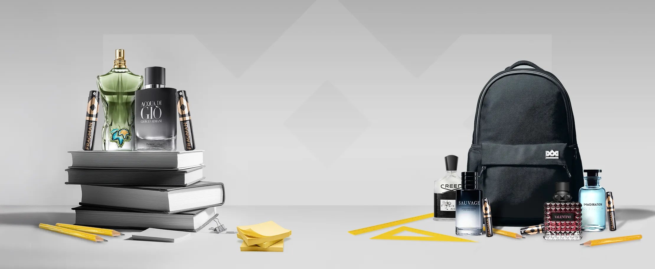 Background image featuring luxury fragrance bottles.