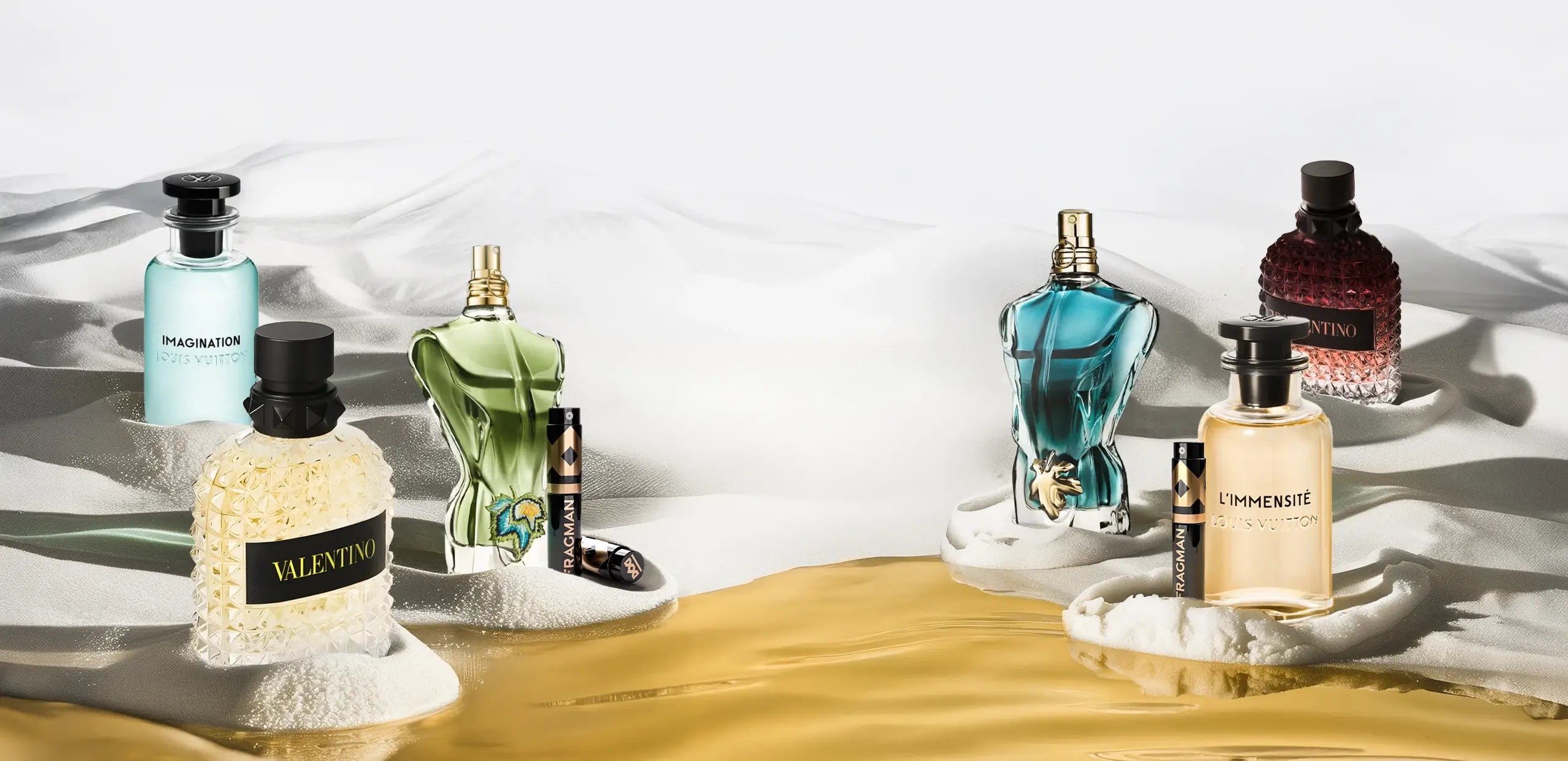 Background image featuring luxury fragrance bottles.