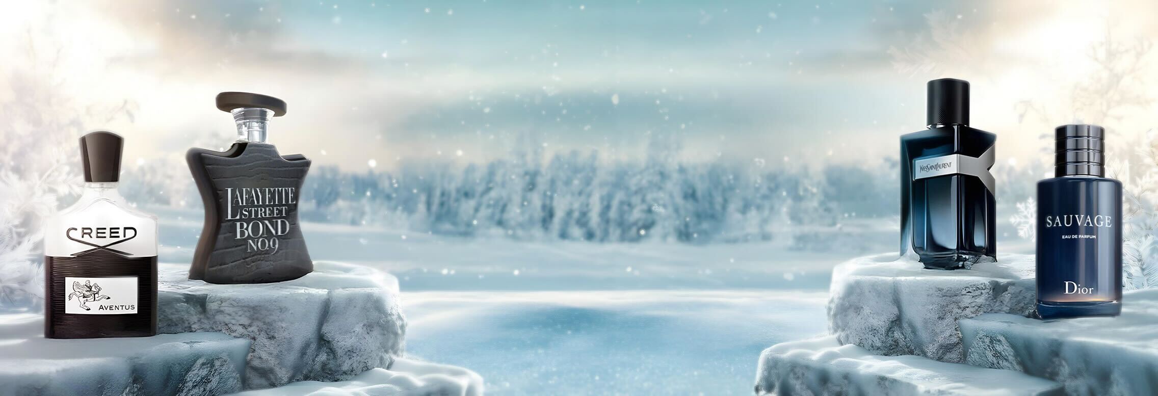 Background image featuring luxury fragrance bottles.