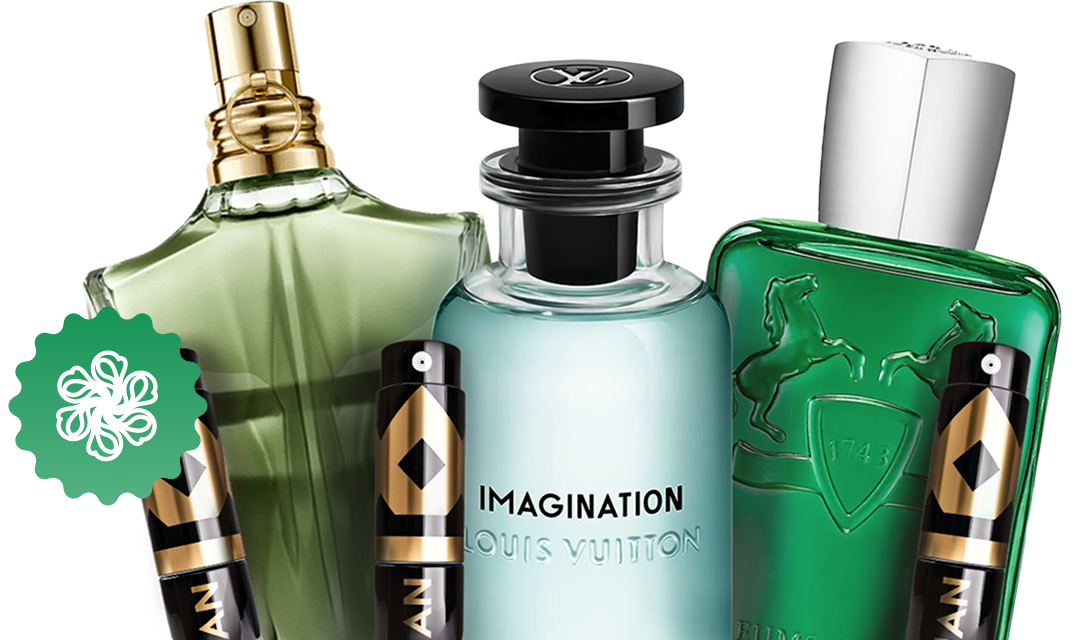 Background image featuring luxury fragrance bottles.